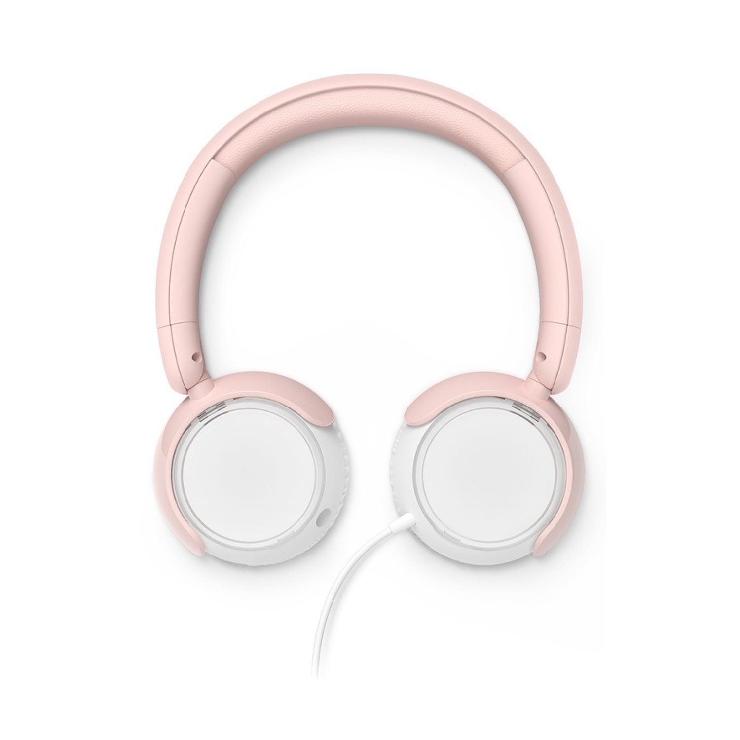 Over-Ear-Kopfhörer in Pastellrosa und Weiß mit angeschlossenem Audiokabel auf schlichtem weißem Hintergrund.