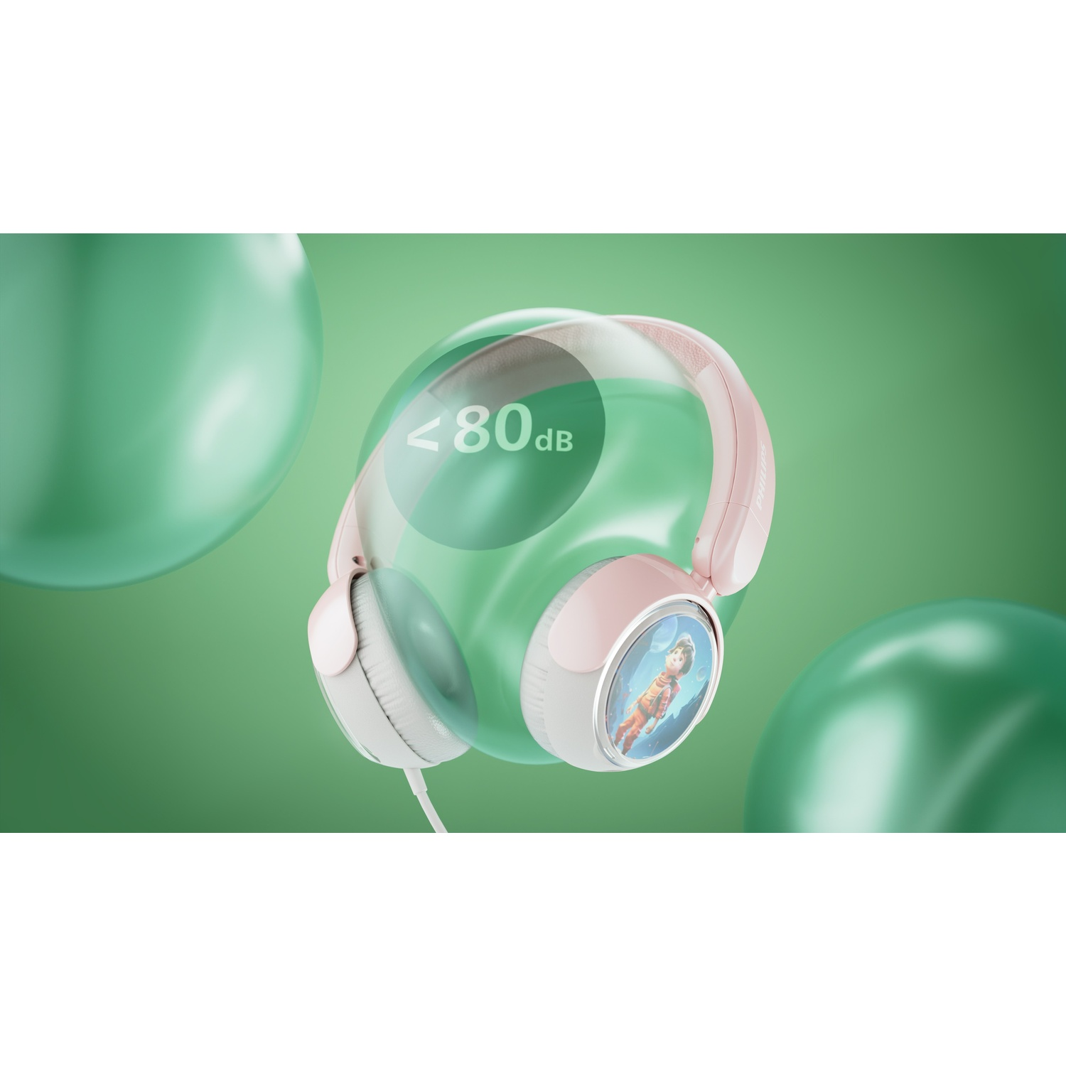 Rosa-weiße Kinderkopfhörer mit Astronautenmotiv und einem <lt/>80 dB Symbol auf grünem Hintergrund.