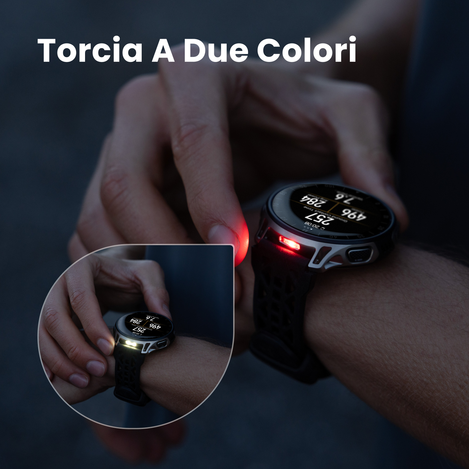 Montre connectée au poignet avec lampe torche rouge et blanche intégrée et texte.