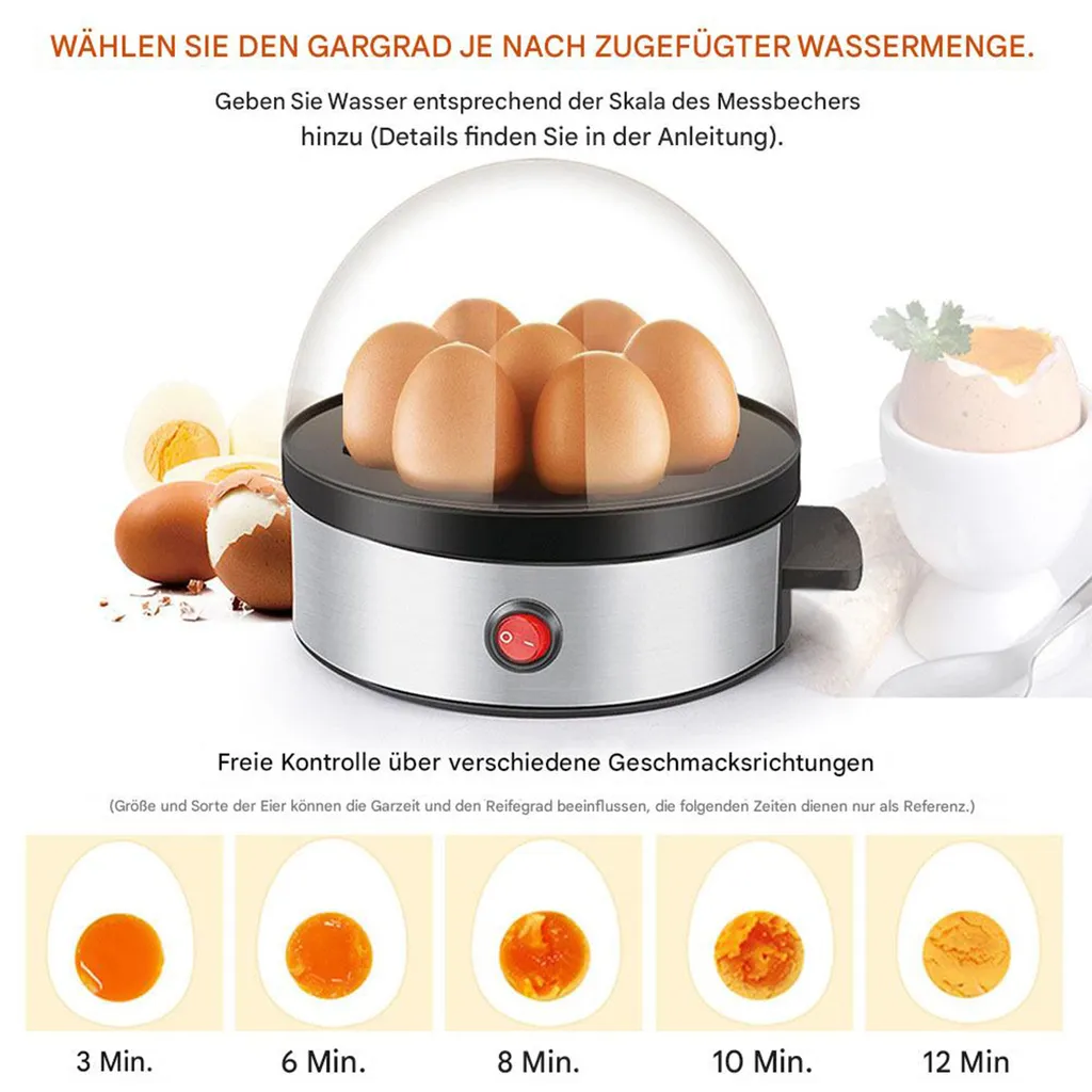 Eierkocher mit Glasdeckel und Eiern, mit deutscher Anleitung und Garzeiten von drei bis zwölf Minuten.