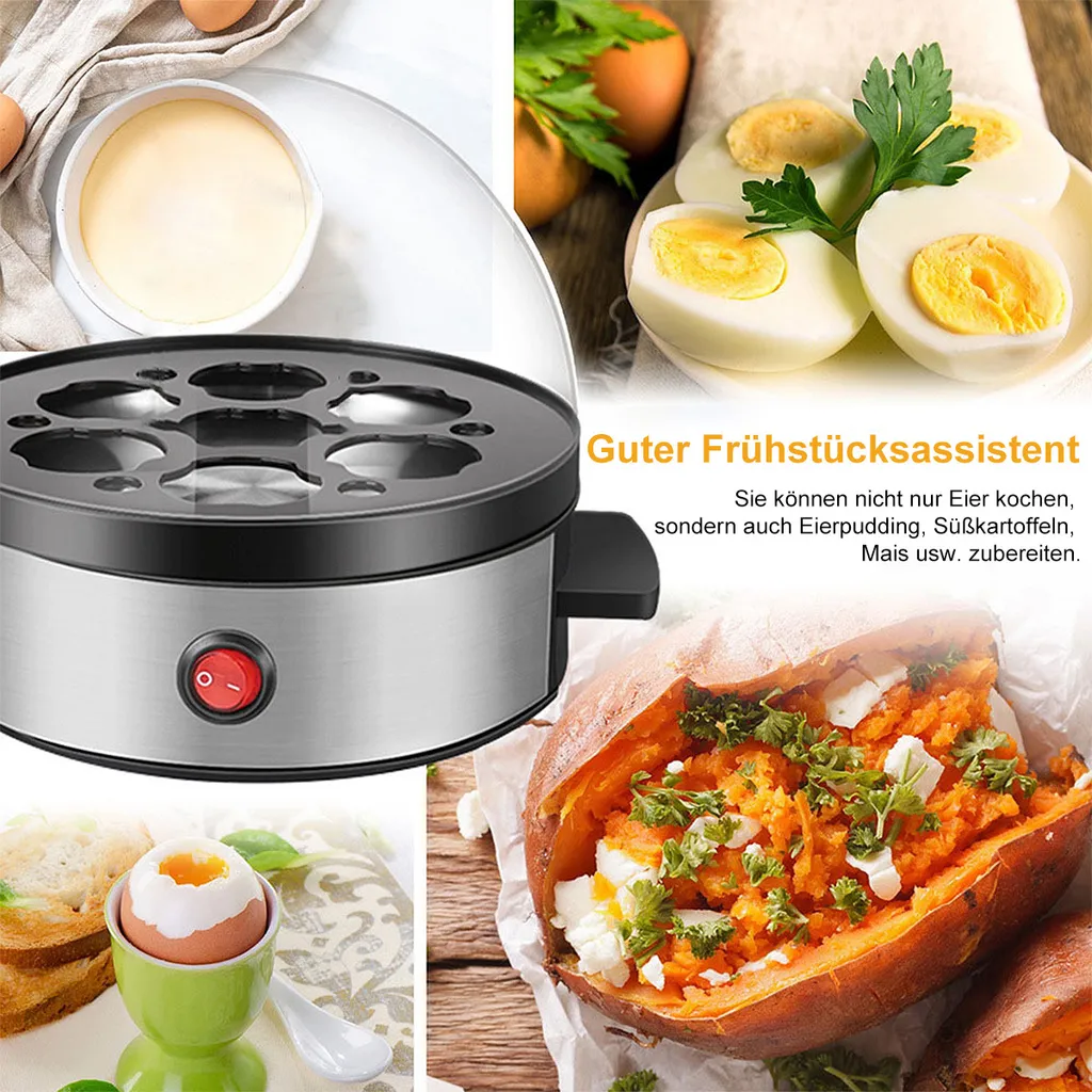 Ein Eierkocher umgeben von gekochten Eiern, einer Süßkartoffel und Eierpudding.