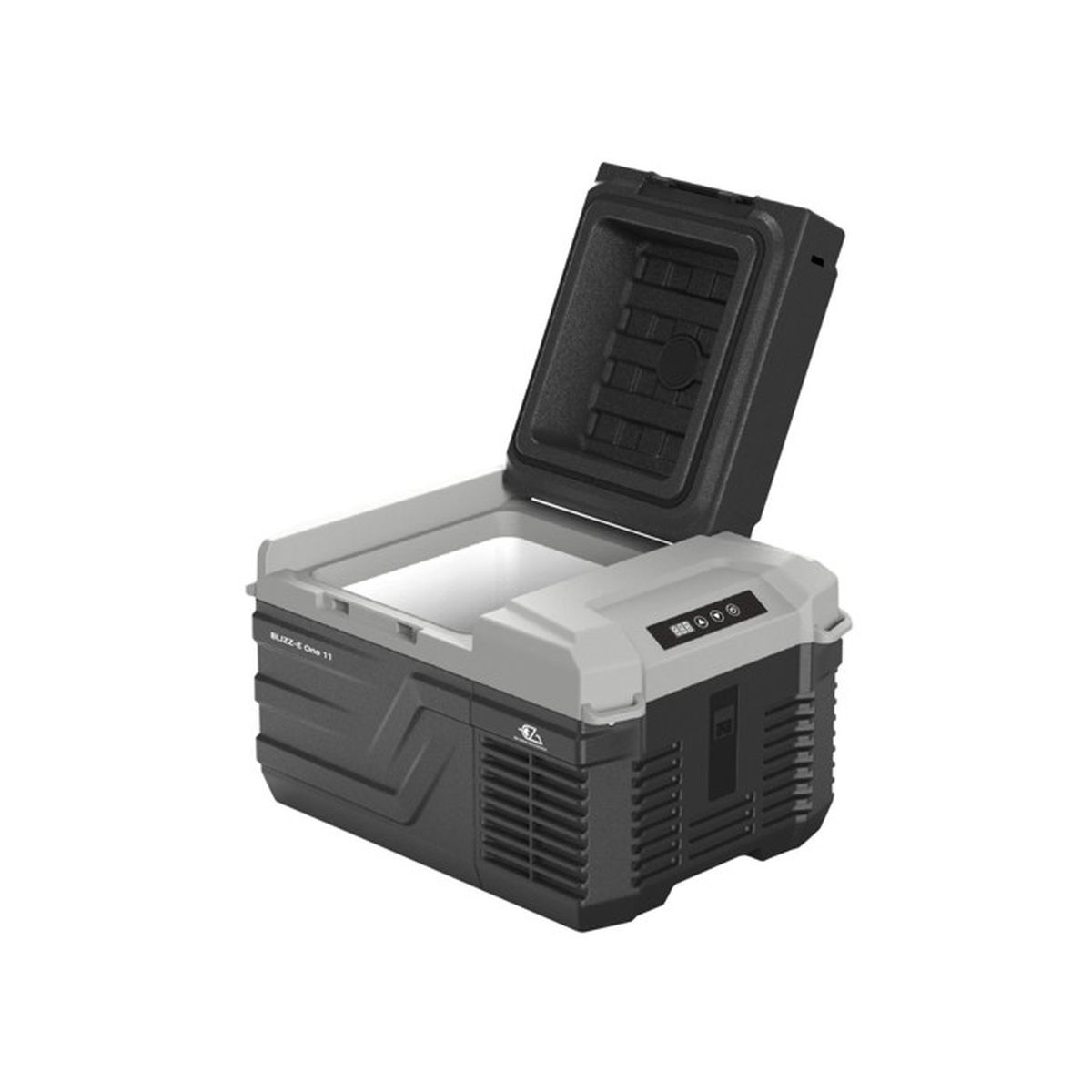 Eine graue und schwarze tragbare Kompressor-Kühlbox mit geöffnetem Deckel auf weißem Hintergrund.