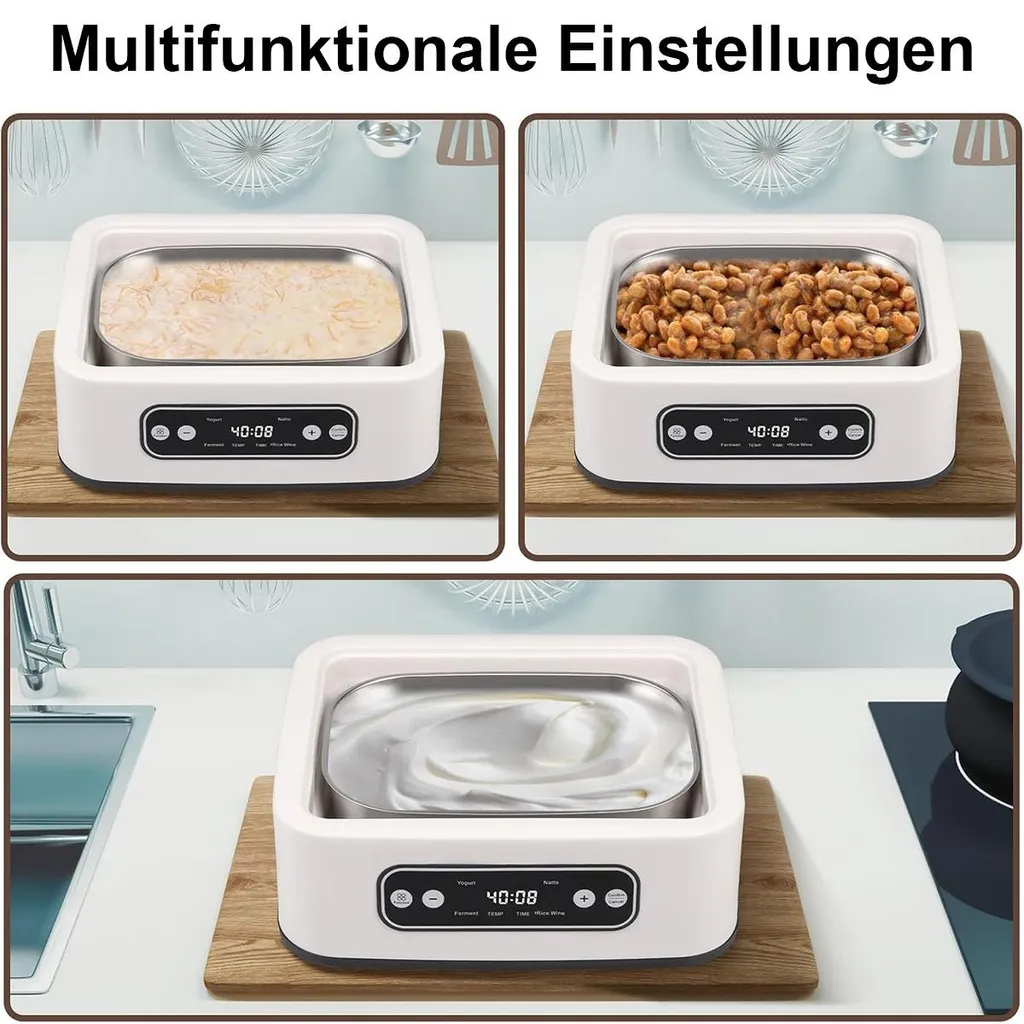 Ein weißes Multifunktionsgerät auf Holzbrettern zeigt verschiedene Essenszubereitungen in Metallschalen.