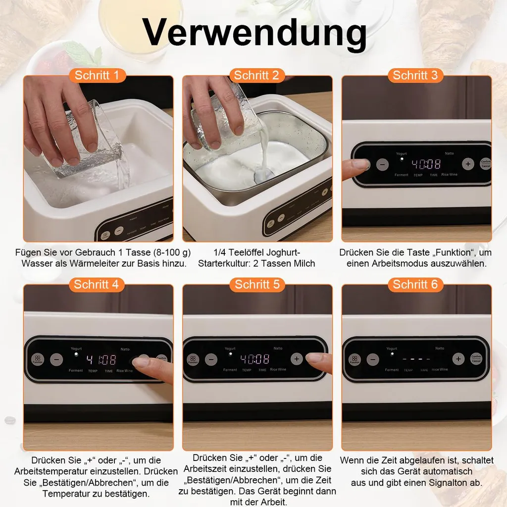 Sechs Schritt-für-Schritt-Bilder zeigen die Bedienung eines Joghurtbereiters mit Wasser, Milch, Tasten und Display.