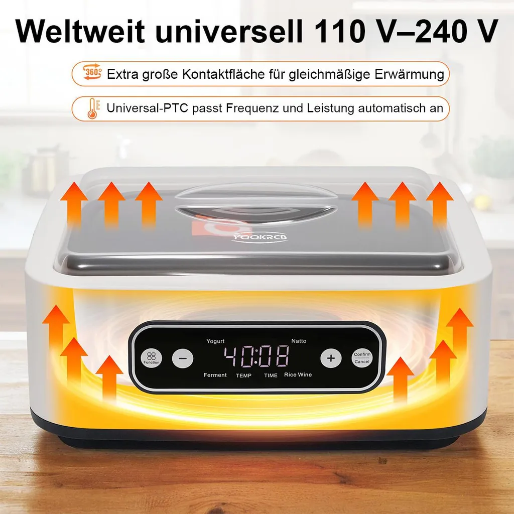 Ein weißer Joghurtbereiter auf einem Holztisch mit digitalem Display und Erwärmungspfeilen.