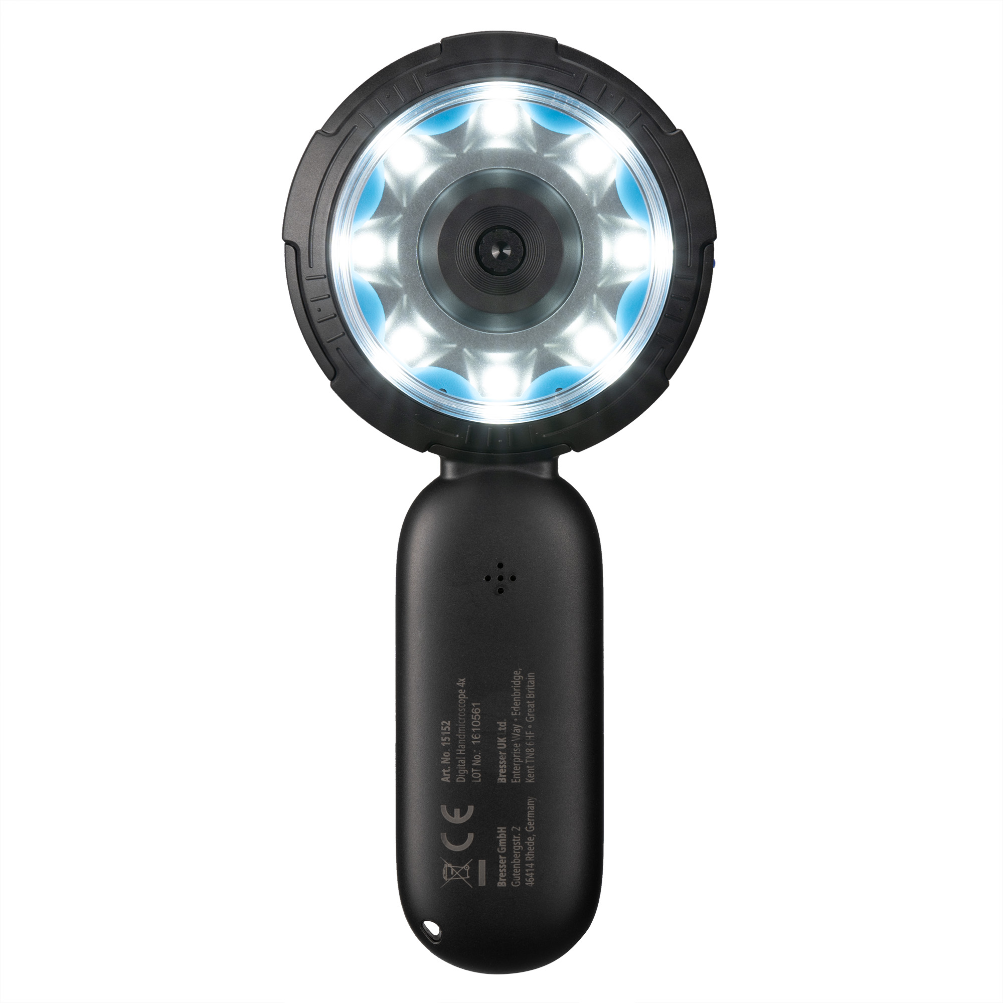 Ein schwarzes digitales Handmikroskop mit kreisförmiger LED-Beleuchtung und weißem Licht vor weißem Hintergrund.
