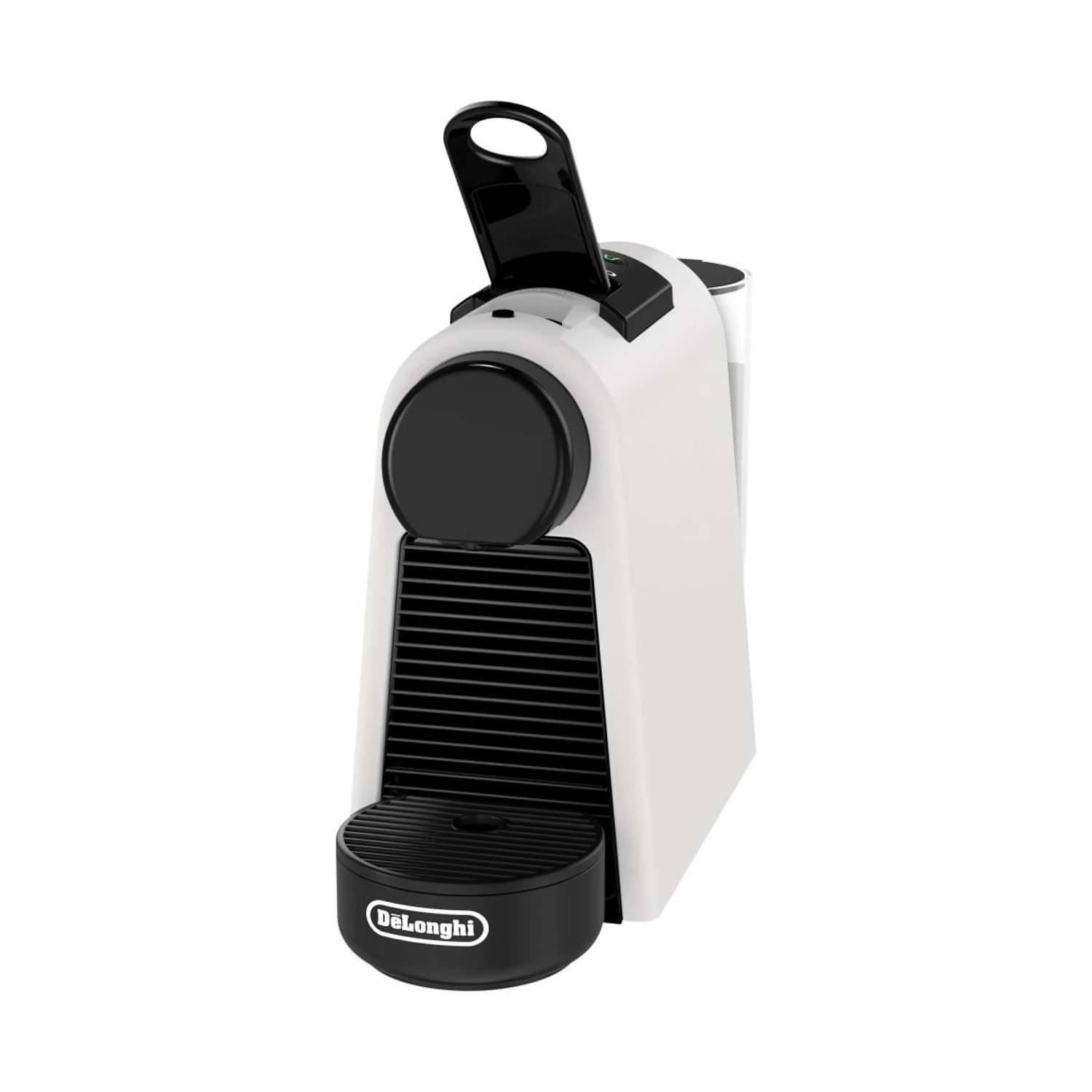 Eine weiße DeLonghi Kaffeemaschine mit schwarzem Griff und Abtropfschale vor weißem Hintergrund.