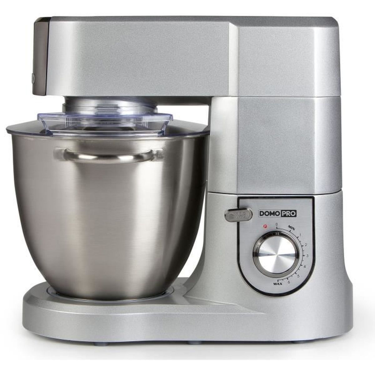 Eine silberne Küchenmaschine mit Edelstahlschüssel und Geschwindigkeitsregler auf weißem Hintergrund.