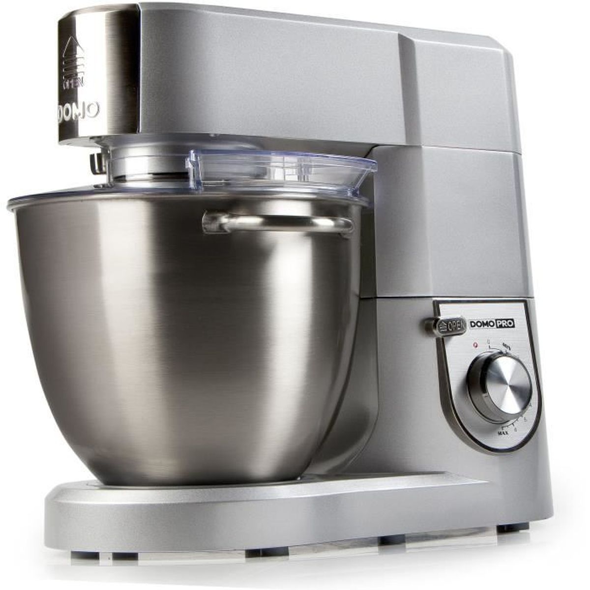 Eine moderne silberne Küchenmaschine mit Edelstahl-Rührschüssel und Geschwindigkeitsregler auf weißem Grund.
