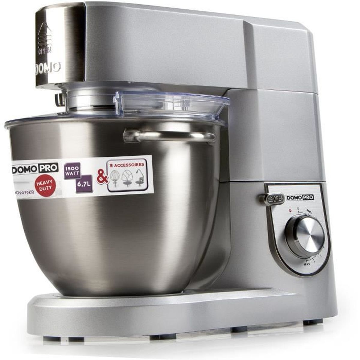Eine silberne Küchenmaschine mit Edelstahl-Rührschüssel und Geschwindigkeitsregler auf weißem Hintergrund.
