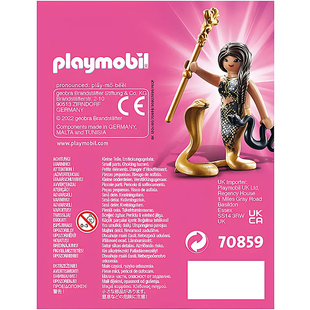 Playmobil-Verpackung mit Spielzeugfigur, Schlangen und mehrsprachigen Warnhinweisen auf rosa Hintergrund.
