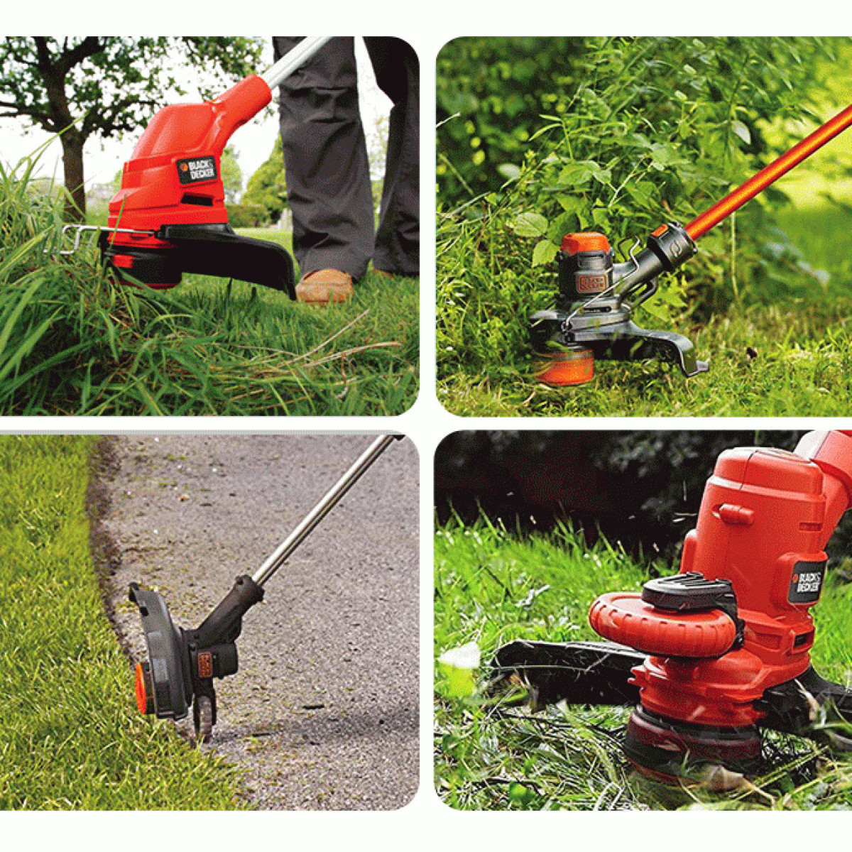 Vier Bilder zeigen verschiedene Anwendungen eines roten Black and Decker Rasentrimmers beim Schneiden von Gras und Kanten.