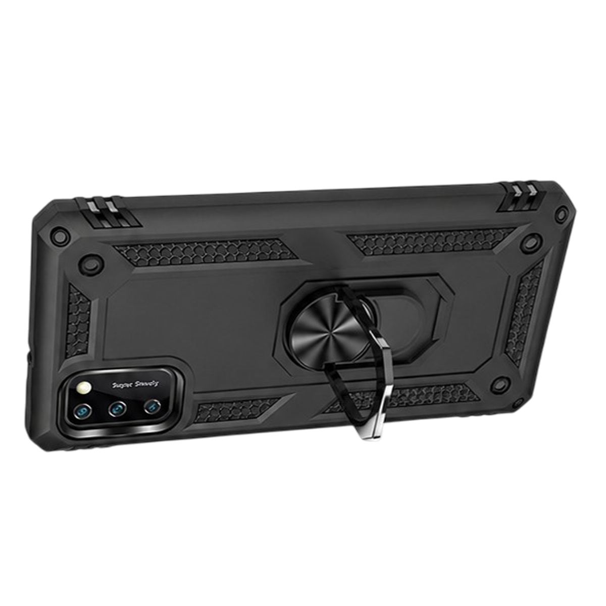Schwarze, robuste Smartphone-Hülle mit integriertem Metallring-Ständer auf der Rückseite.