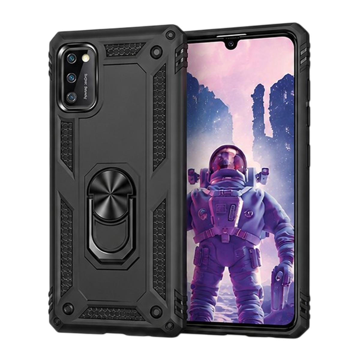 Schwarze Schutzhülle für ein Smartphone mit einem Ringständer und einem Astronauten auf dem Bildschirm.