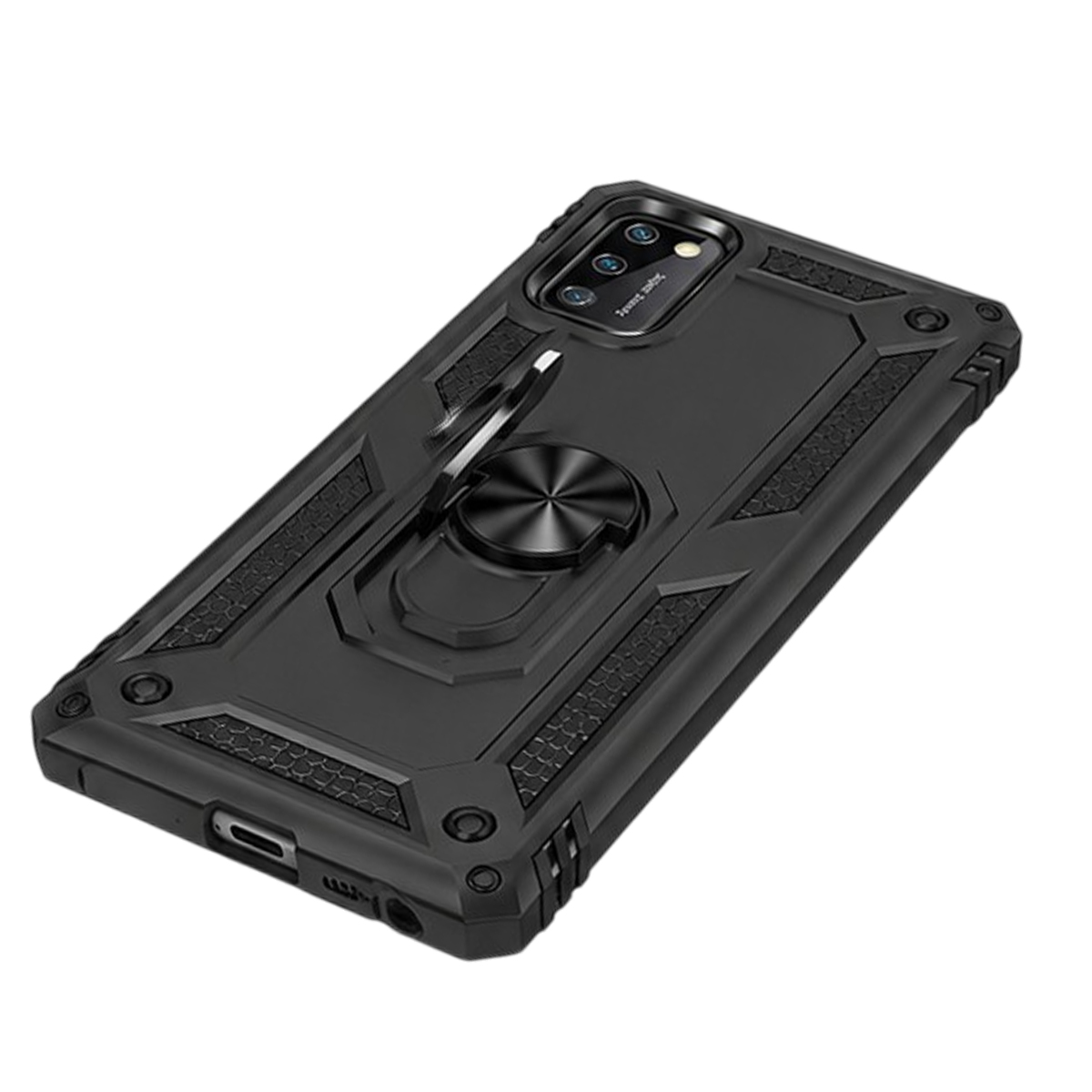 Eine schwarze, robuste Smartphone-Hülle mit integriertem Ringständer und Kamera-Ausschnitt auf weißem Grund.