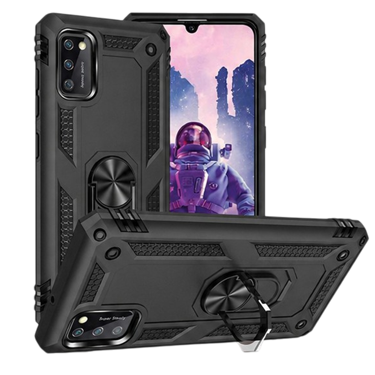 Schwarze Schutzhülle für Mobiltelefone mit Ständer auf der Rückseite und astronautenbildschirm.
