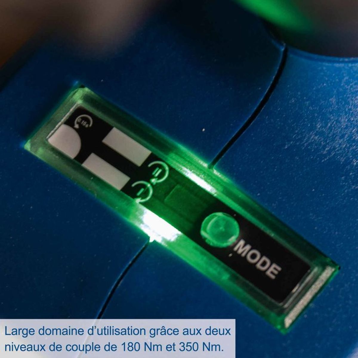 Blaue Werkzeugoberfläche mit grünem Display und der Aufschrift MODE sowie Symbolen.