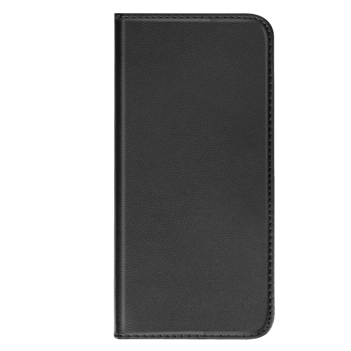 Eine geschlossene schwarze Leder-Smartphone-Brieftasche mit sichtbaren Nähten vor weißem Hintergrund.