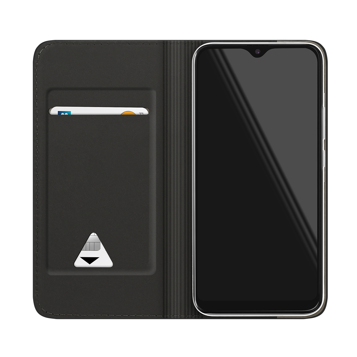 Schwarze Klapphülle mit Kartenfach und Smartphone darin vor weißem Hintergrund.