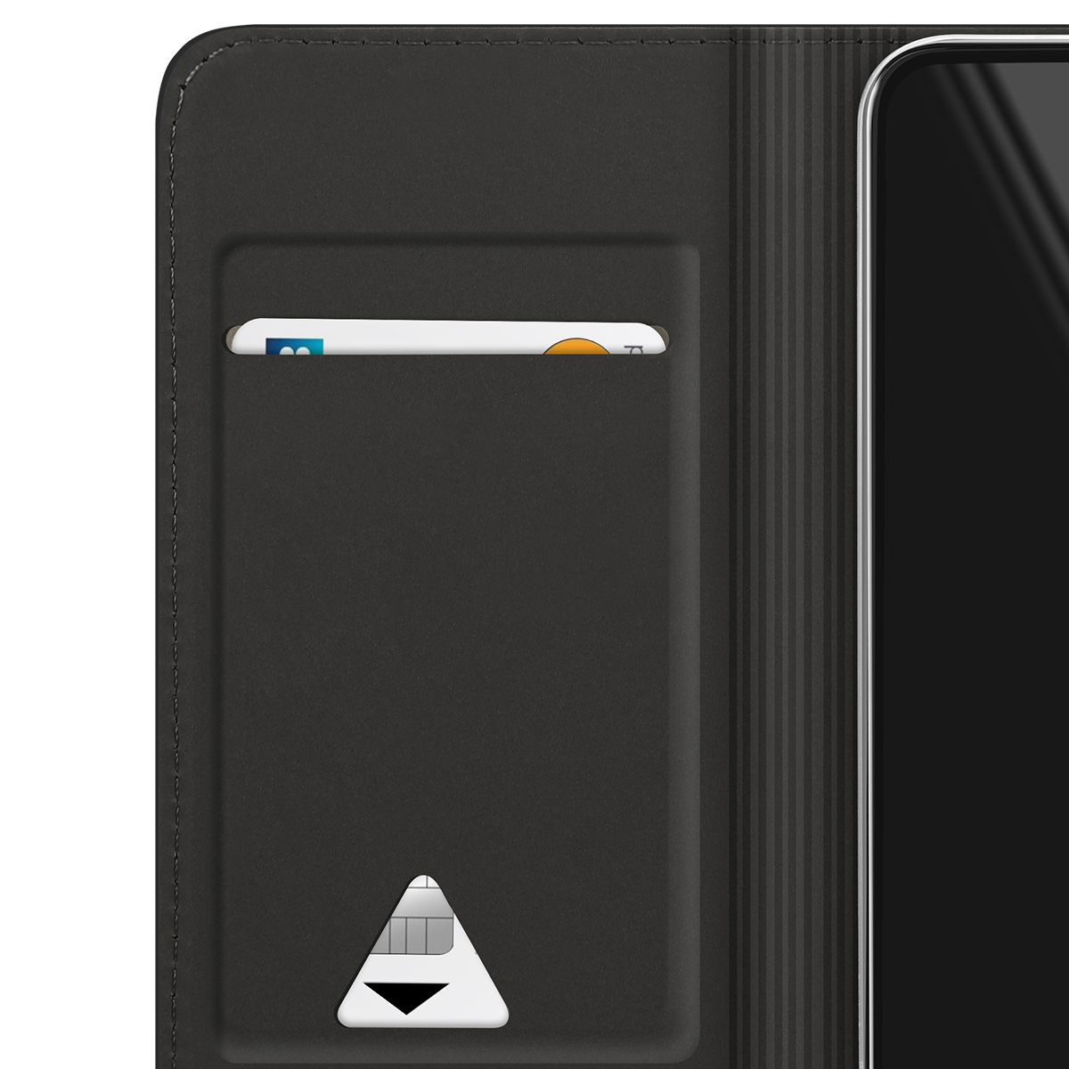 Schwarze Leder-Smartphone-Hülle mit einem Kartenfach auf der Innenseite.