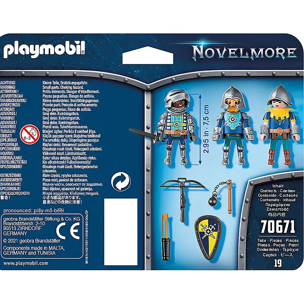 Parte trasera del embalaje de Playmobil Novelmore con tres figuras, escudo, armas y avisos.