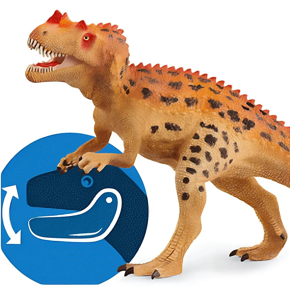 Ein orangefarbenes Dinosaurierspielzeug mit dunklen Flecken und offenem Maul zeigt die Kiefereinstellungsfunktion.