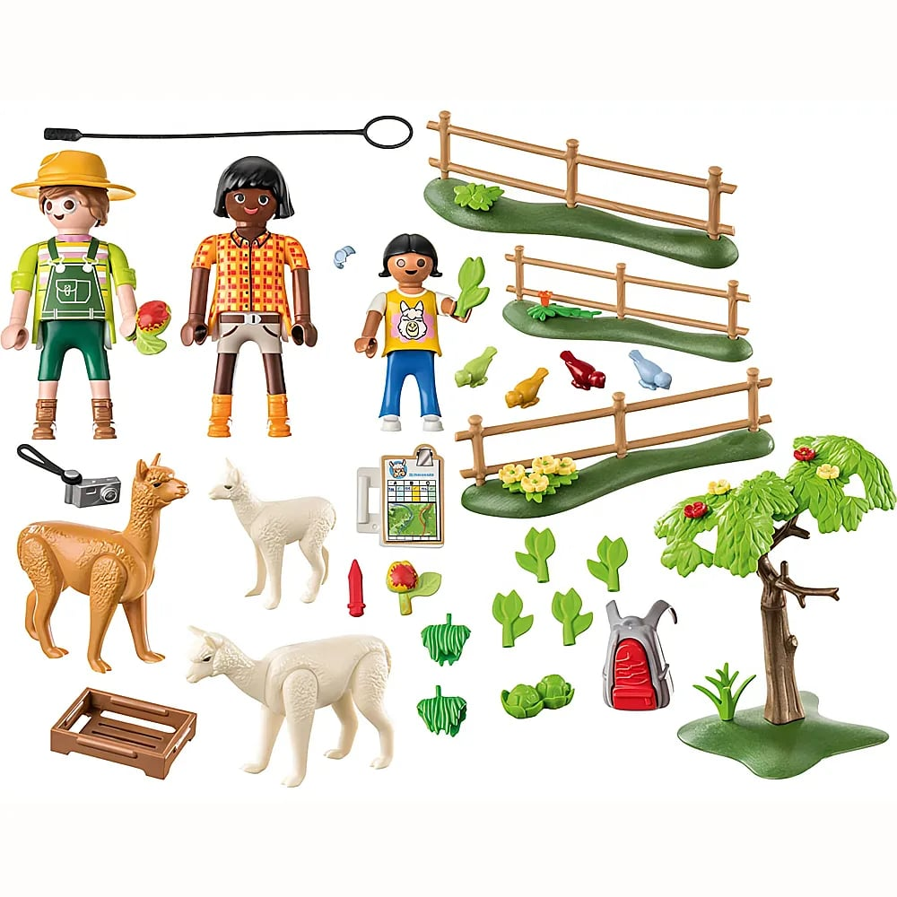 Playmobil-Set mit drei Figuren, zwei Lamas, Zäunen, einem Baum und Zubehör wie Rucksack und Pflanzen.