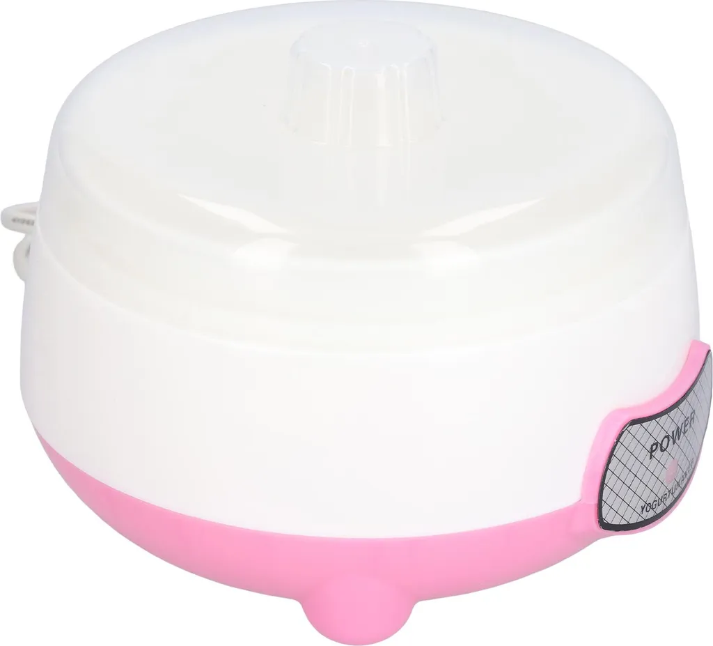 Ein weißer und pinker elektrischer Joghurtbereiter mit durchsichtigem Deckel.