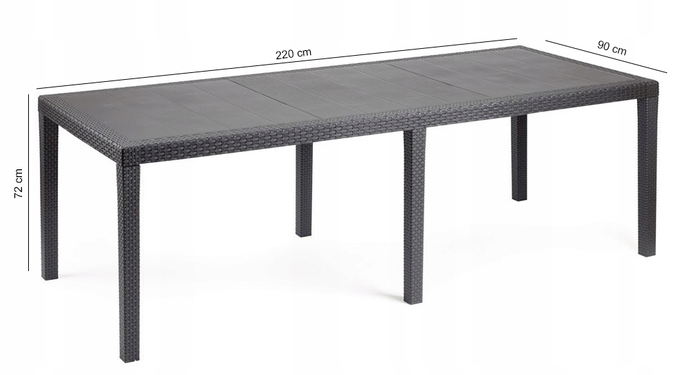 Dlugi, ciemny stol ogrodowy z rattanu o wymiarach: 220 cm dlugosci, 90 cm szerokosci i 72 cm wysokosci.
