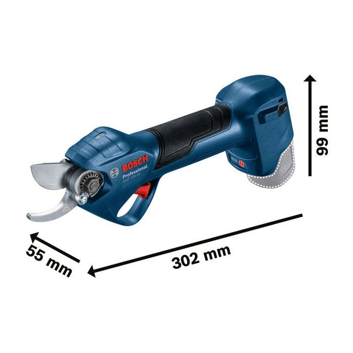 Blaue Bosch Akku-Gartenschere mit Maßen von 302 mm Länge, 55 mm Breite und 99 mm Höhe.