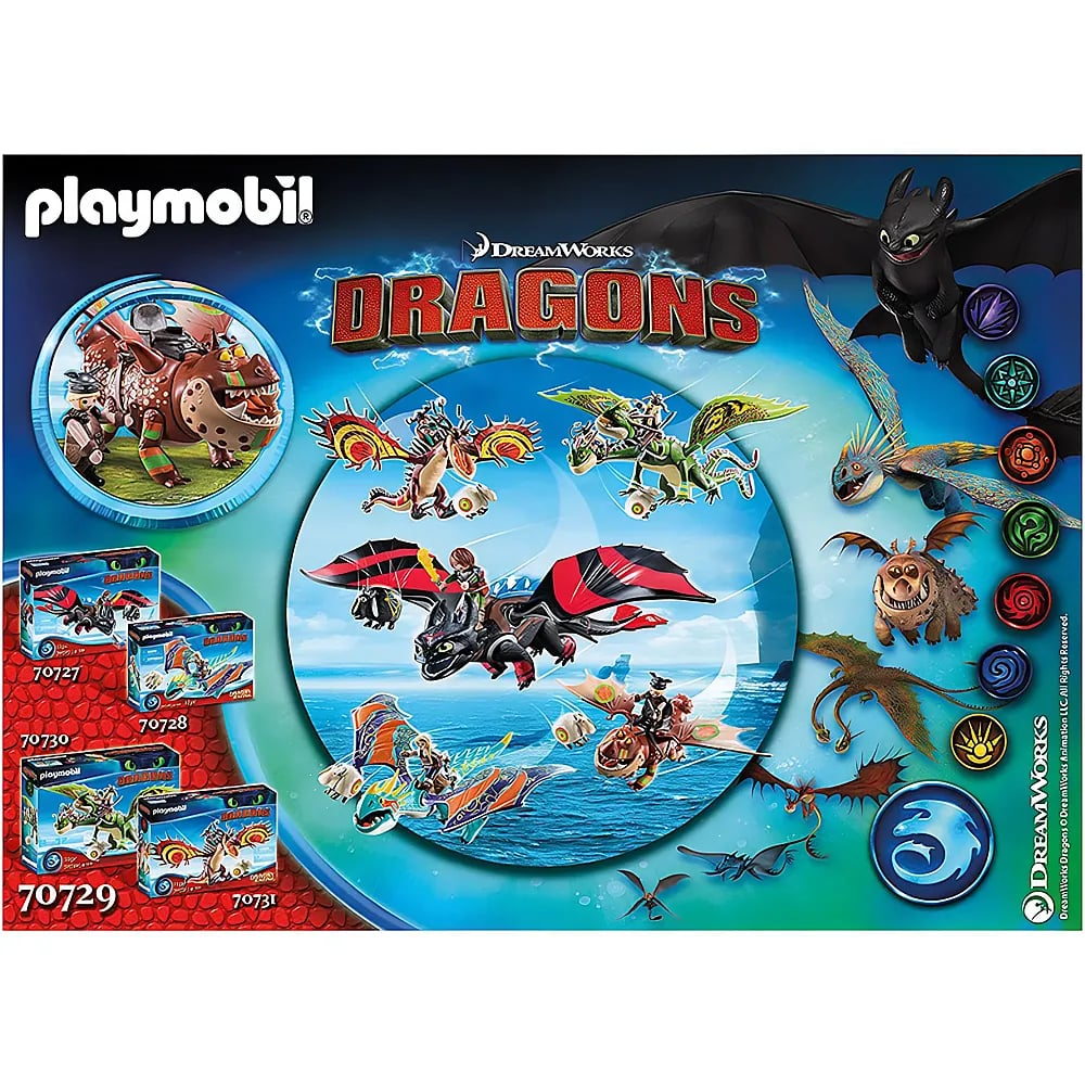 Playmobil Dragons Set Box zeigt Toothless und andere Drachen mit Figuren.