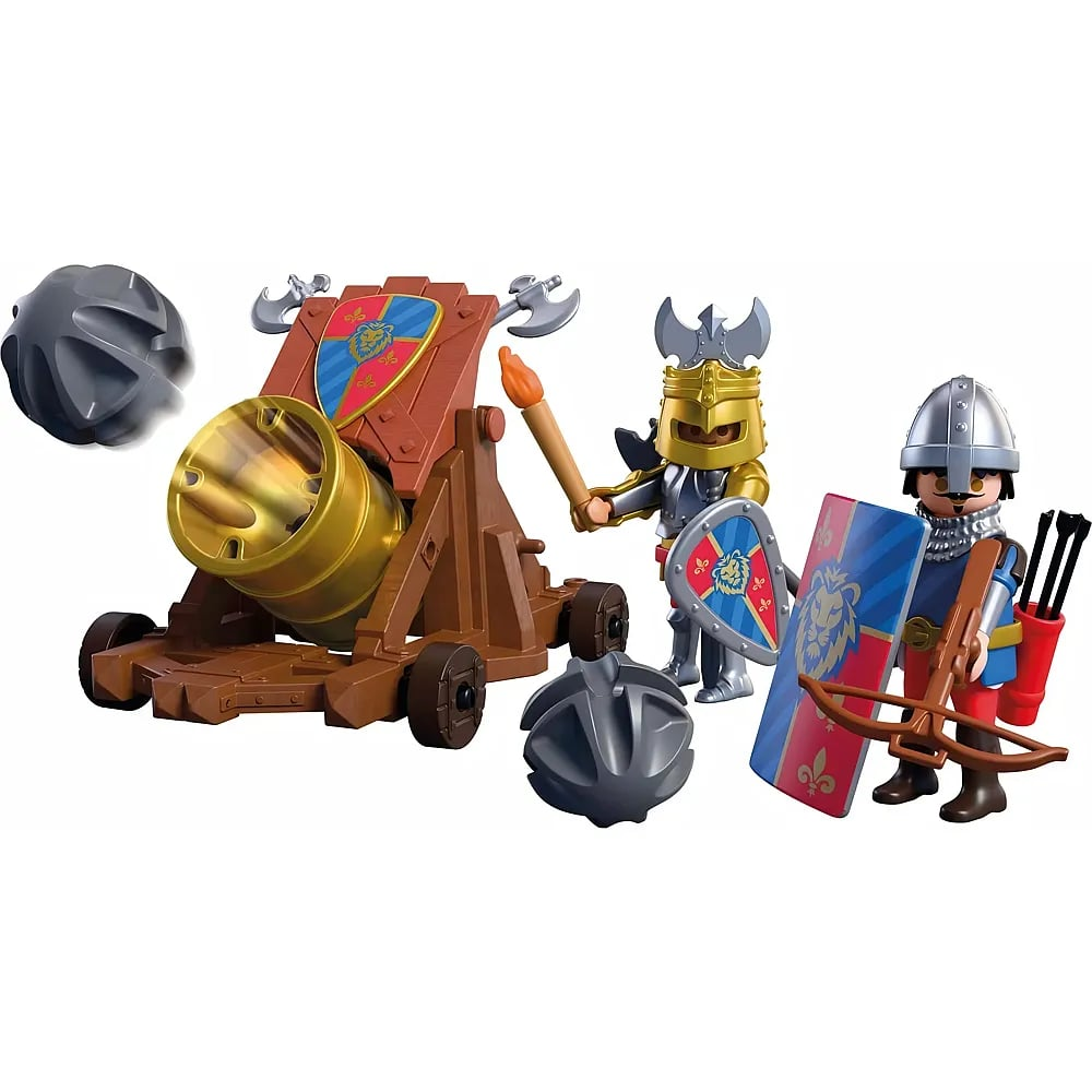 Caballeros de Playmobil con cañón, escudo y bola de piedra voladora sobre fondo blanco.
