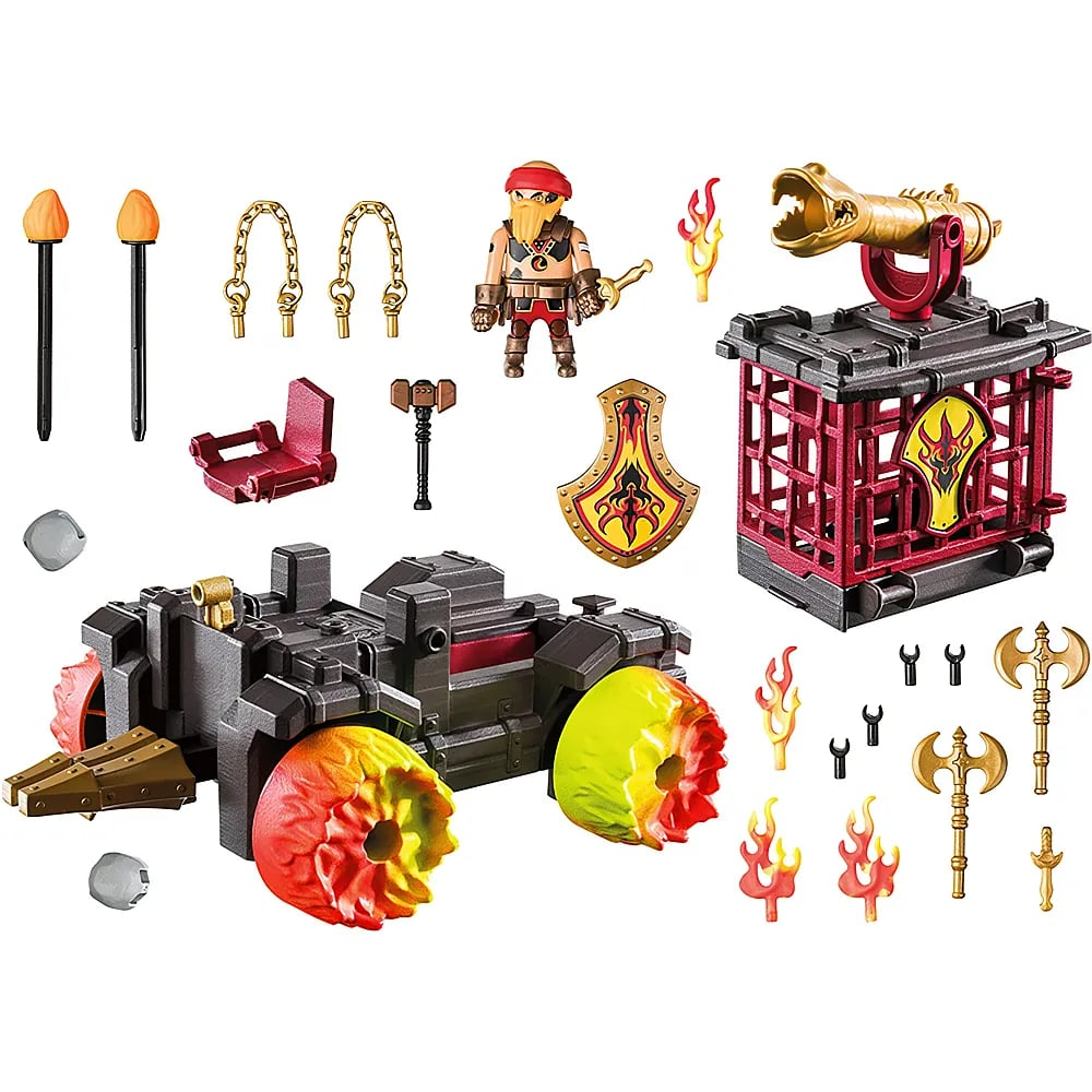 Playmobil-Spielset mit einer Zwergenfigur, einem Fahrzeug mit feurigen Rädern, einem Käfig mit Kanone und Waffen.