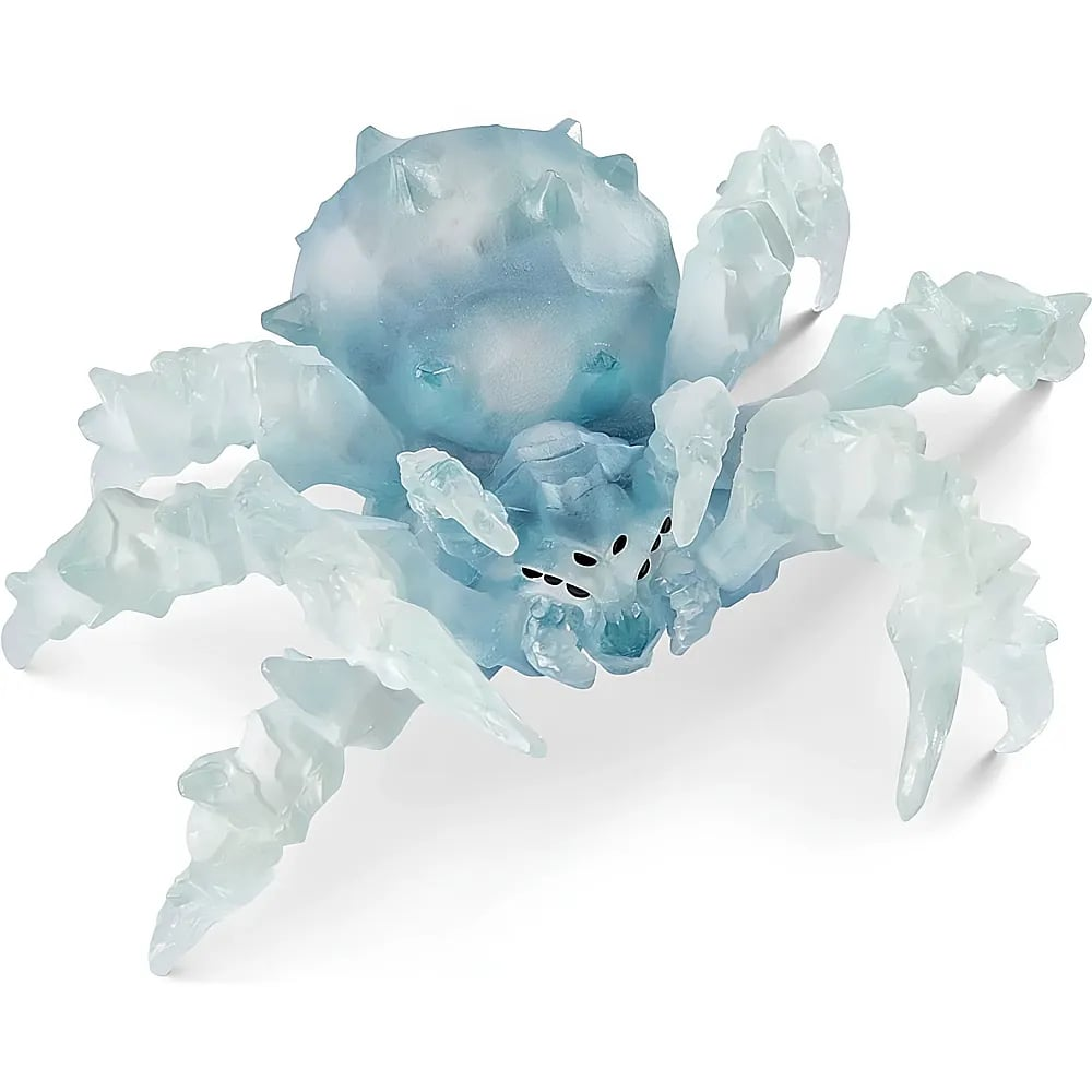 Eine lichtblaue Eisspinnen-Figur mit kristallinen Spikes auf dem Rücken und spitz zulaufenden Beinen auf weißem Grund.