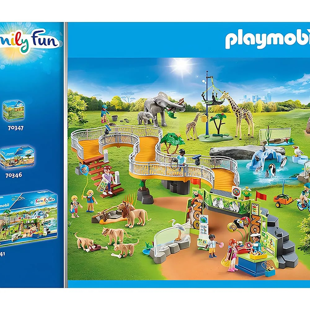 Set di gioco zoo Playmobil con visitatori, passerelle rialzate e animali come elefanti, leoni e giraffe.