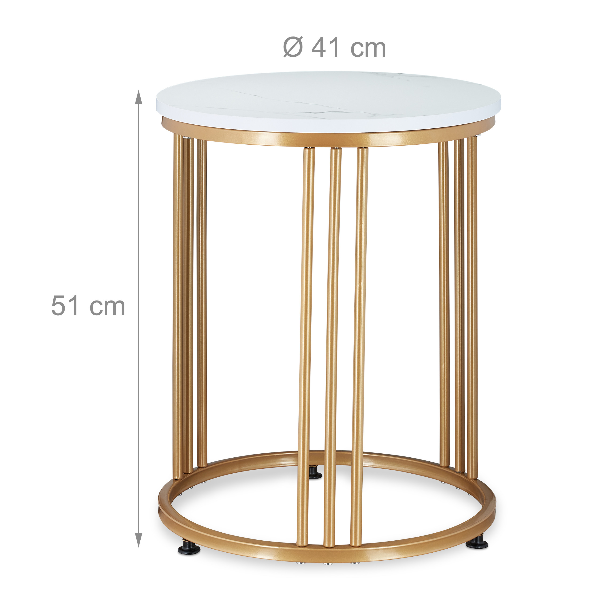Runder Beistelltisch mit weißer Marmorplatte und goldenem Metallgestell, 41 cm Durchmesser und 51 cm Höhe.