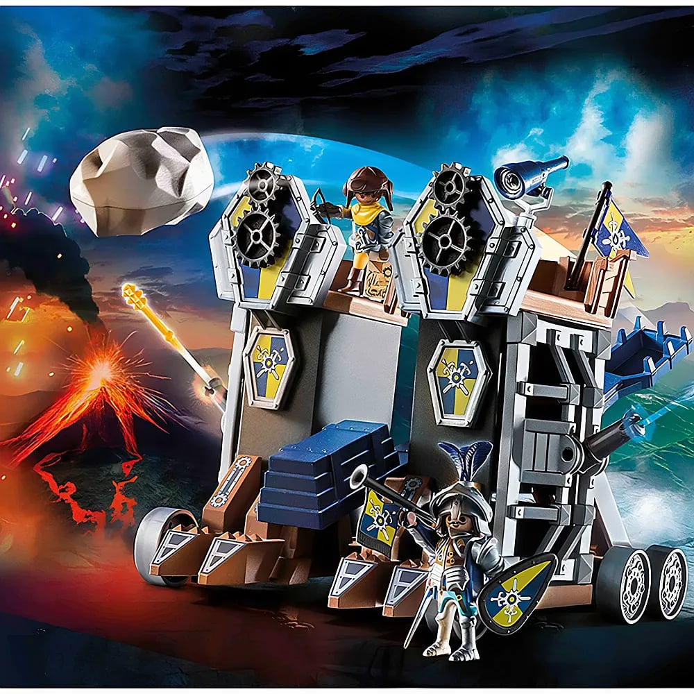 Veicolo fortezza Playmobil con due personaggi davanti a un vulcano in eruzione e una meteorite.