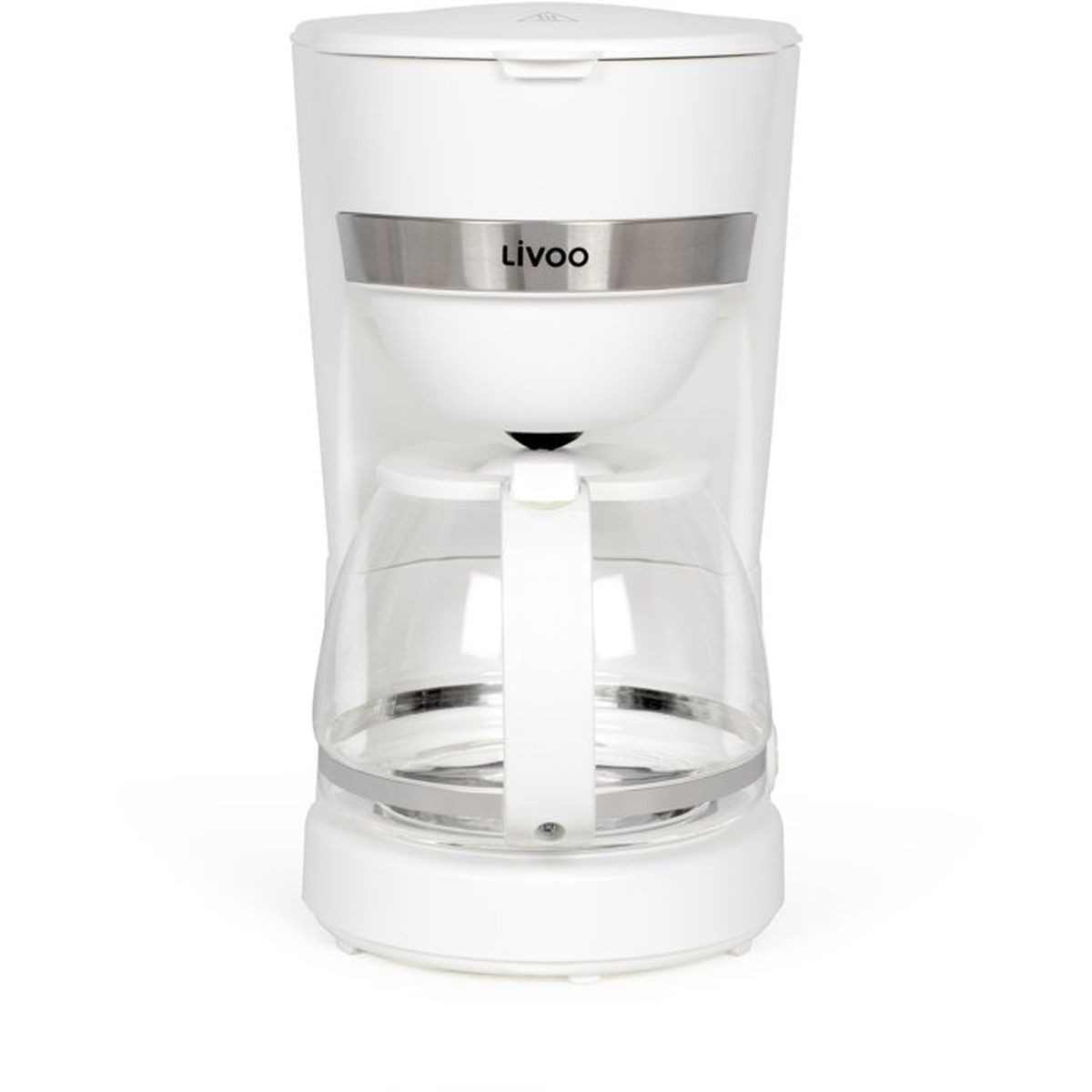 Eine weiße Kaffeemaschine mit einer Glasthermoskanne und dem Markennamen Livoo in der Mitte.