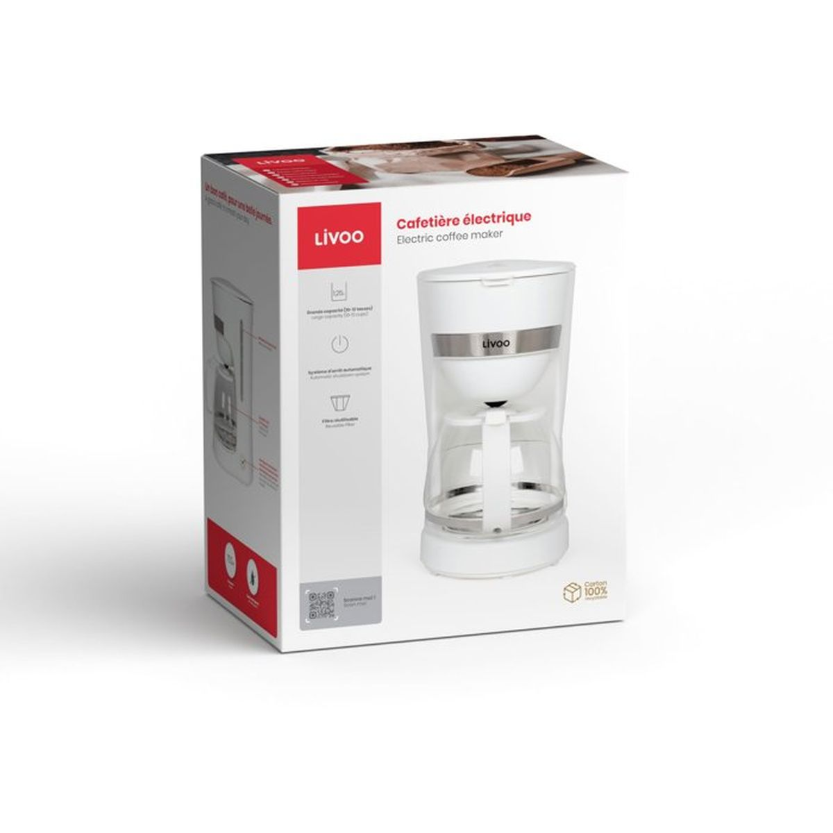 Eine weiße Livoo elektrische Kaffeemaschine in ihrer bedruckten Produktverpackung.