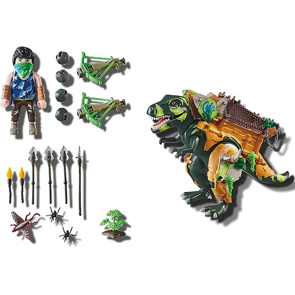 Playmobil-Spielset mit einem Dinosaurier, einer Figur, Waffen, Werkzeugen und Spinnen auf weißem Hintergrund.