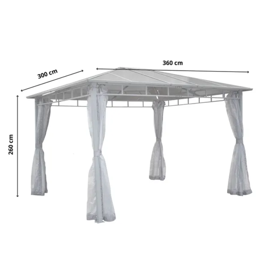 Szara metalowa altana z przezroczystymi zasłonami o wymiarach 300x360x260 cm na białym tle.
