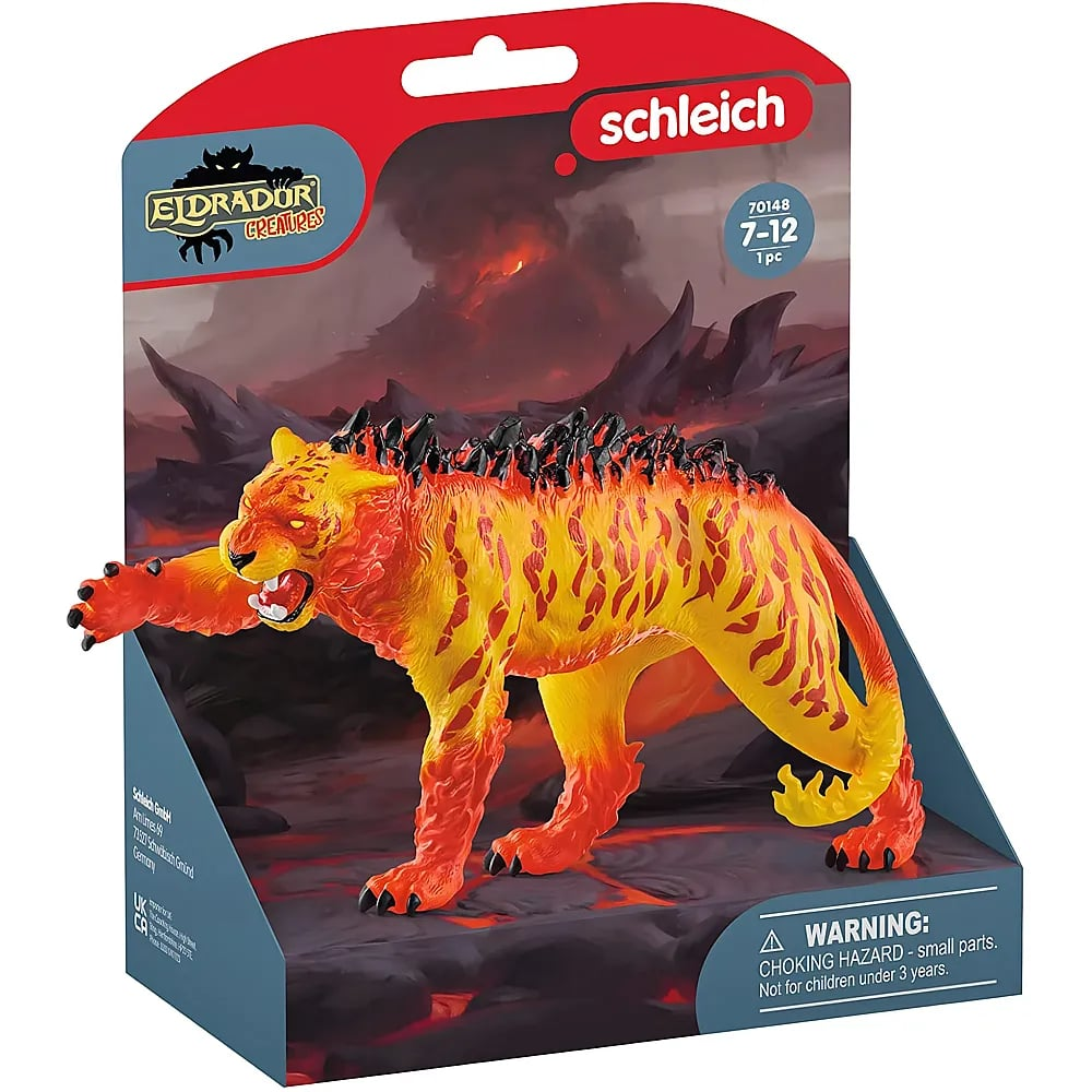 Schleich Eldrador Feuerlöwe Spielfigur in Verpackung mit Vulkan-Hintergrund.