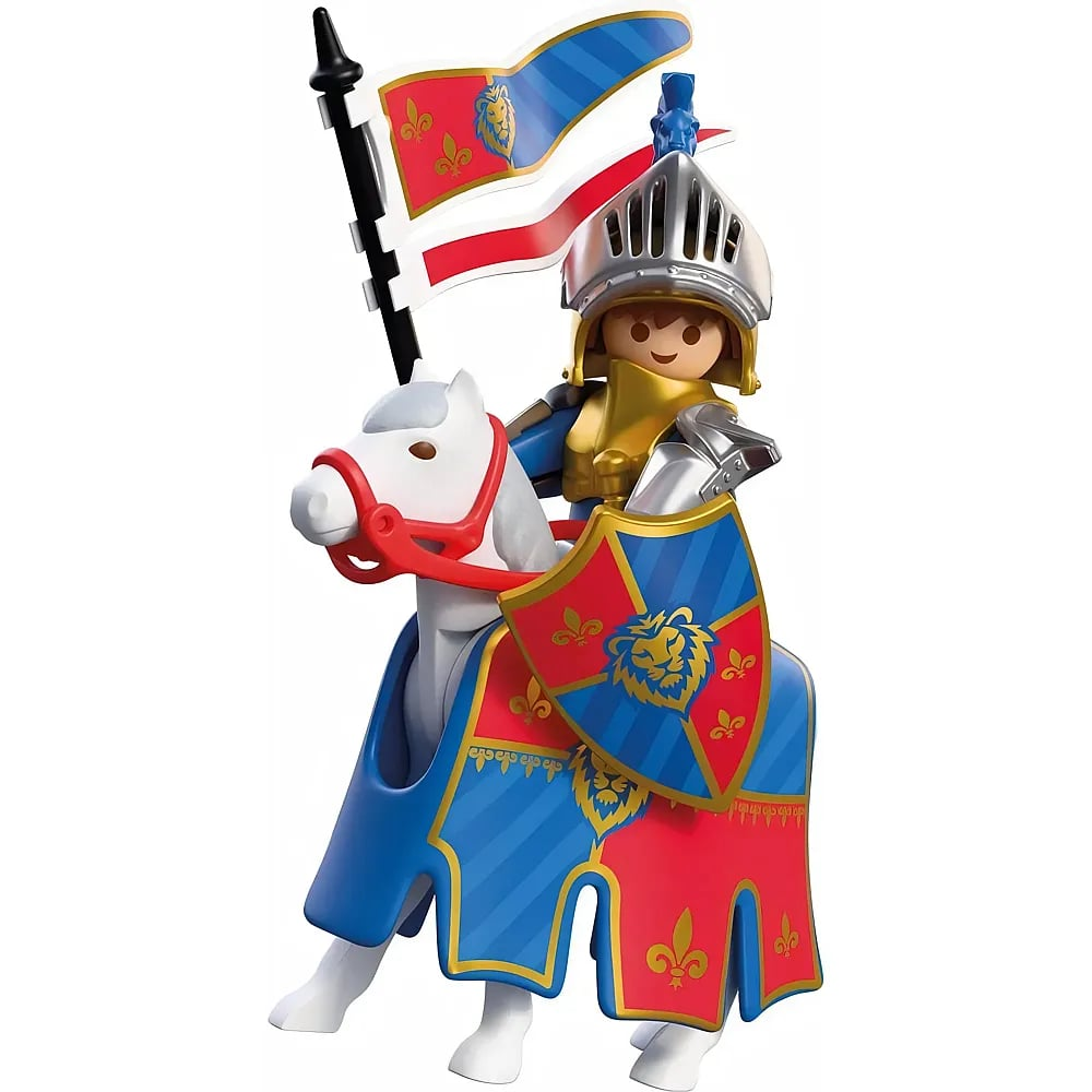 Caballero de juguete con armadura, escudo, bandera y caballo blanco.