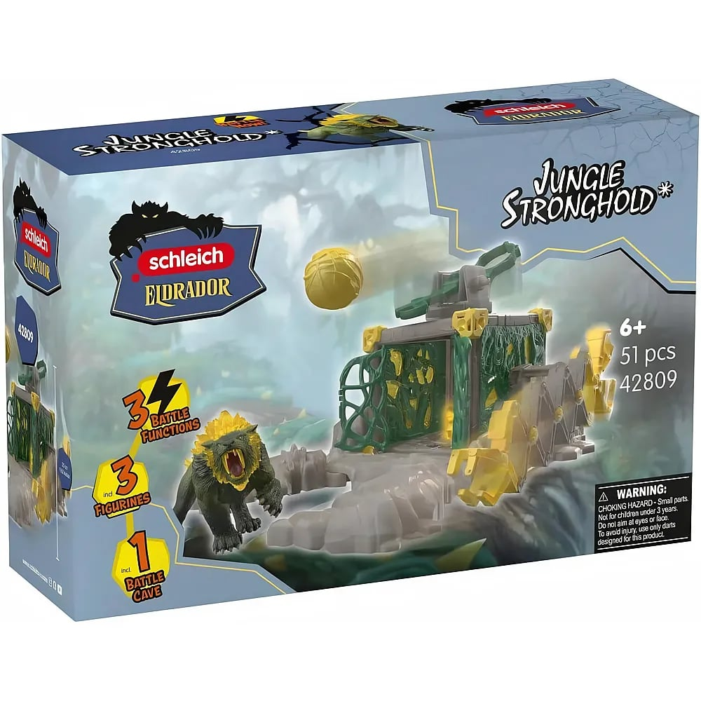 Verpackung des Schleich Eldrador Dschungel-Stützpunkts mit Dschungelhöhle, Monsterfigur und Kugelwerfer.
