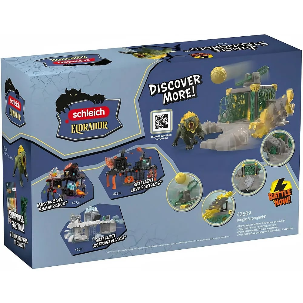 Schleich Eldrador Spielzeugverpackung mit Bildern verschiedener Welten und Kampfsets.