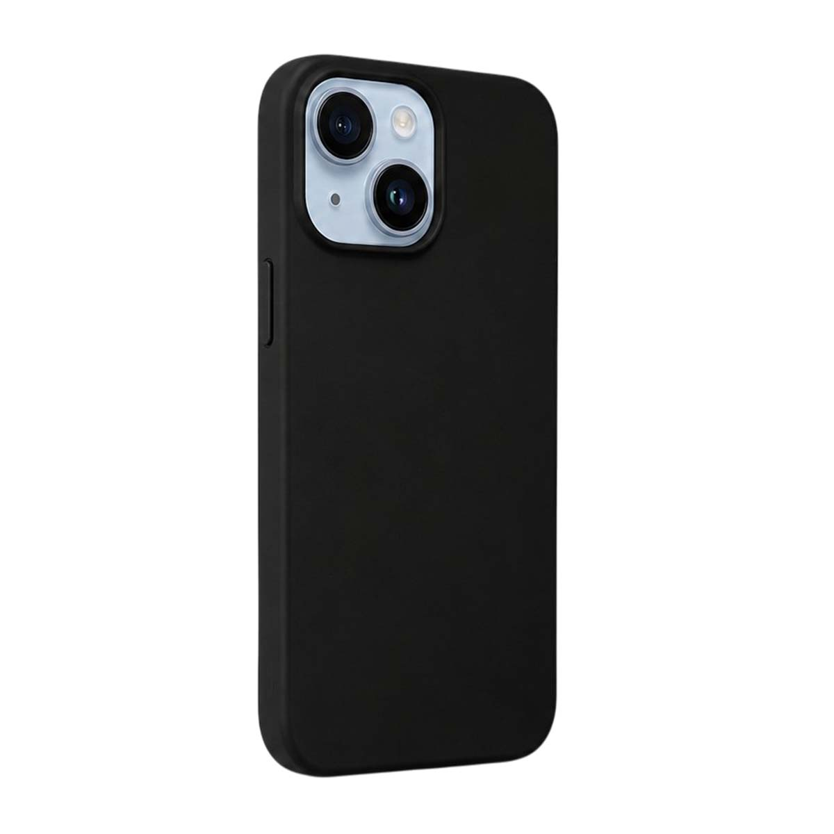 Ein schwarzes Smartphone in einer schwarzen Hülle zeigt das duale Kameramodul auf der Rückseite vor weißem Hintergrund.