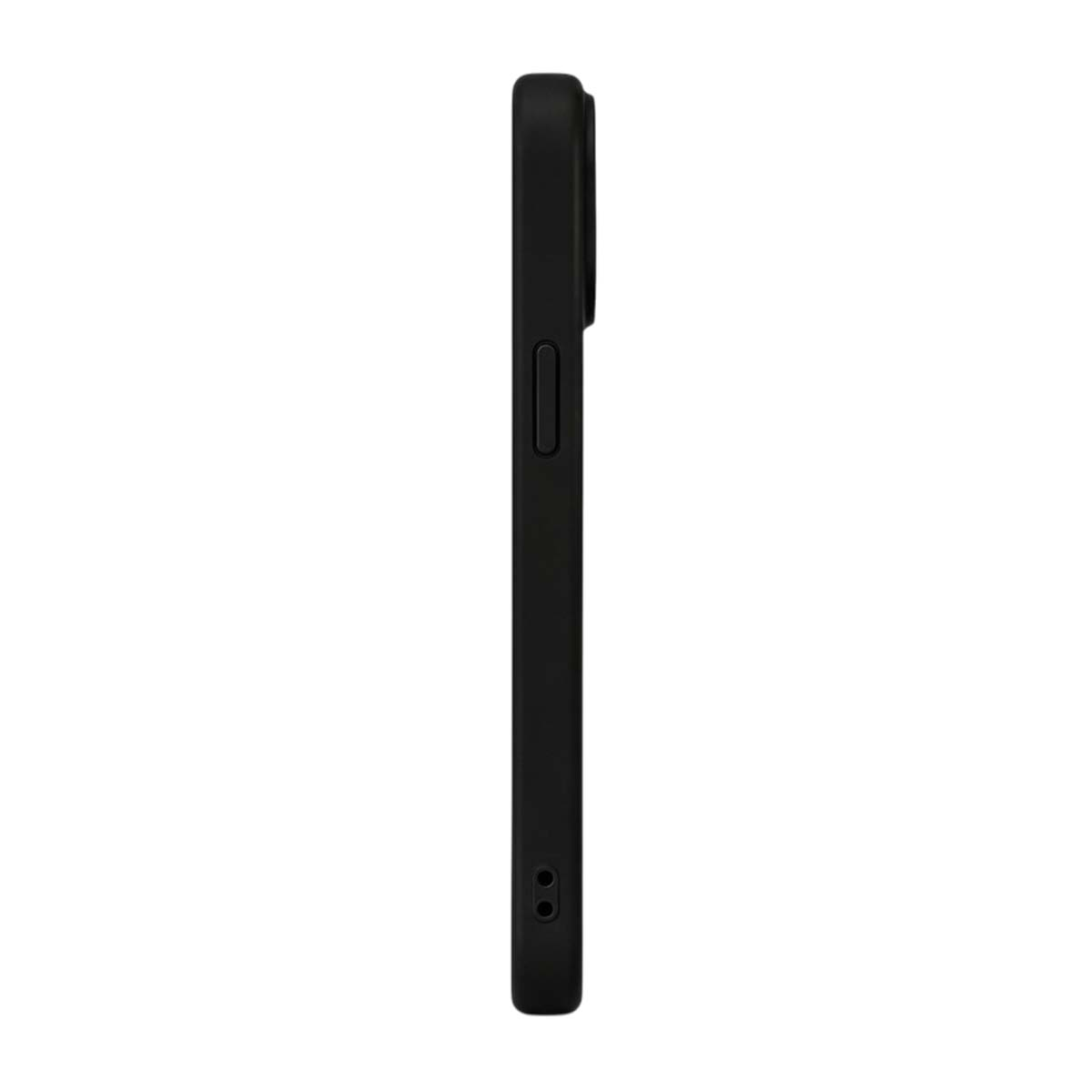 Seitenansicht einer schwarzen Smartphone-Hülle mit Tasten und Ausschnitten auf weißem Hintergrund.