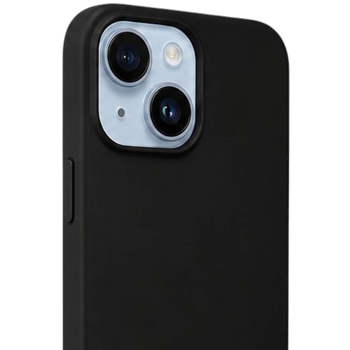 Rückseite eines hellblauen Smartphones in einer schwarzen Schutzhülle, Nahaufnahme der Kamera.