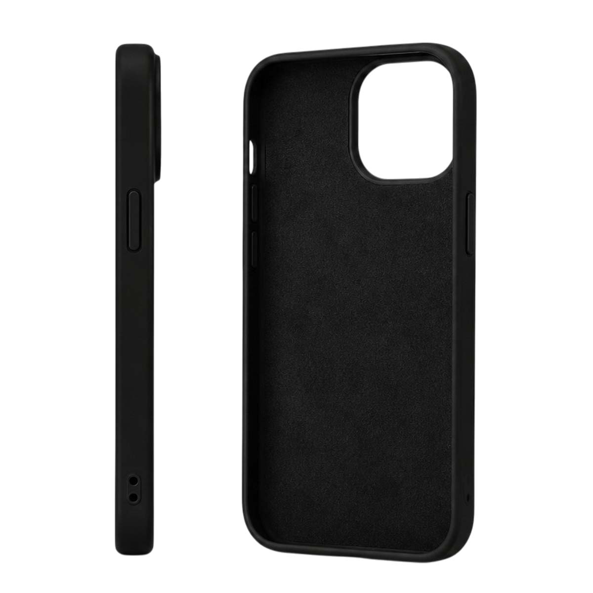 Eine schwarze Smartphone-Hülle zeigt die Innen- und Seitenansicht mit präzisen Tasten- und Kameraausschnitten.