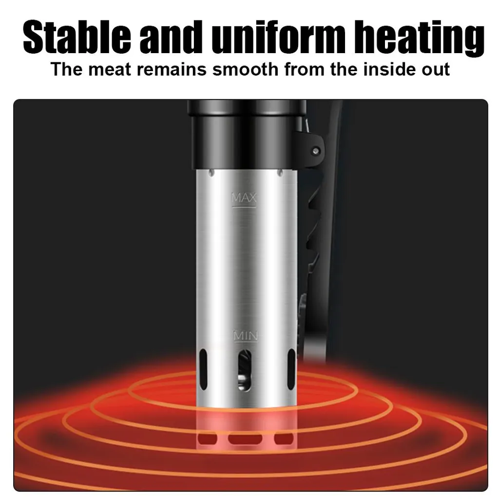 Edelstahl-Sous-Vide-Gerät mit roten Wärme-Ringen unten und Text über stabile Erwärmung.